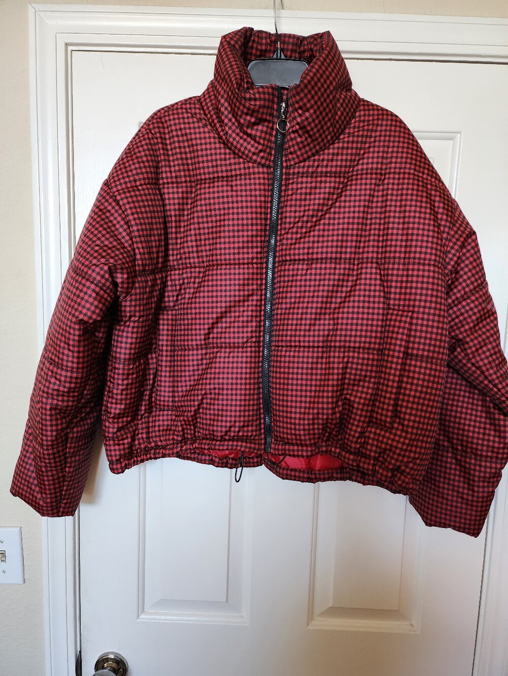 Celebrity Pink, Red Plaid Puffer Jacket for Women- Lightweight Warmth